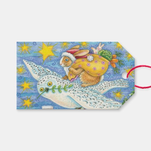 フクロウのサンタ・クロースがウサギを迎える可愛いクリスマス ギフトタグ (正面(横))