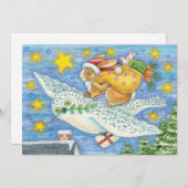 フクロウのサンタ・クロースがウサギを迎える可愛いクリスマス シーズンカード (正面/裏面)