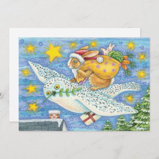 フクロウのサンタ・クロースがウサギを迎える可愛いクリスマス シーズンカード (正面/裏面)