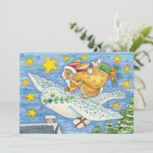 フクロウのサンタ・クロースがウサギを迎える可愛いクリスマス シーズンカード (スタンド正面)