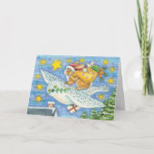 フクロウのサンタ・クロースがウサギを迎える可愛いクリスマス シーズンカード (正面)