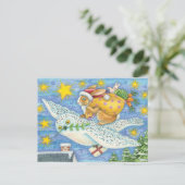 フクロウのサンタ・クロースがウサギを迎える可愛いクリスマス シーズンポストカード (スタンド正面)