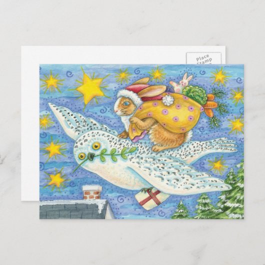 フクロウのサンタ・クロースがウサギを迎える可愛いクリスマス シーズンポストカード (正面/裏面)