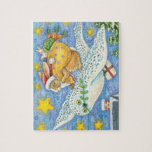 フクロウのサンタ・クロースがウサギを迎える可愛いクリスマス ジグソーパズル (縦)