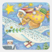 フクロウのサンタ・クロースがウサギを迎える可愛いクリスマス スクエアシール (正面)