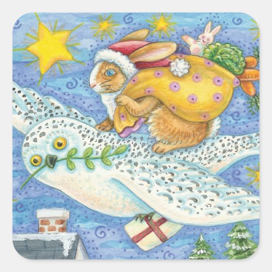 フクロウのサンタ・クロースがウサギを迎える可愛いクリスマス スクエアシール (正面)
