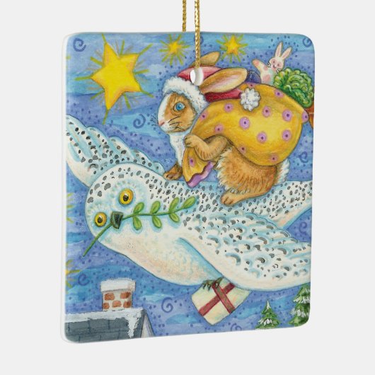 フクロウのサンタ・クロースがウサギを迎える可愛いクリスマス セラミックオーナメント (右)