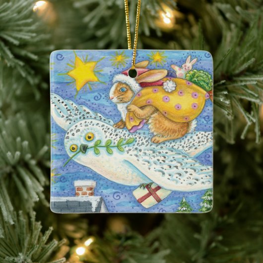 フクロウのサンタ・クロースがウサギを迎える可愛いクリスマス セラミックオーナメント (ツリー)