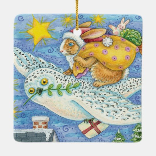 フクロウのサンタ・クロースがウサギを迎える可愛いクリスマス セラミックオーナメント (裏面)