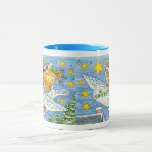 フクロウのサンタ・クロースがウサギを迎える可愛いクリスマス マグカップ (中央)