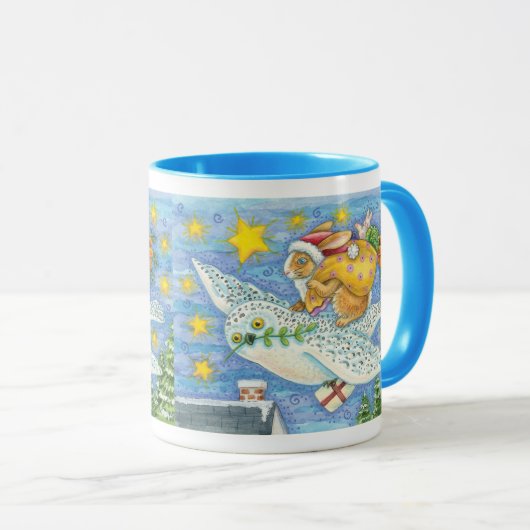フクロウのサンタ・クロースがウサギを迎える可愛いクリスマス マグカップ (正面右)