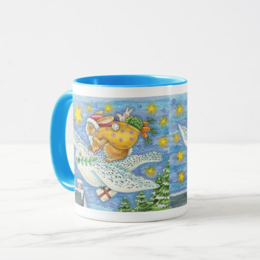 フクロウのサンタ・クロースがウサギを迎える可愛いクリスマス マグカップ (正面左)