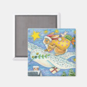 フクロウのサンタ・クロースがウサギを迎える可愛いクリスマス マグネット (正面/裏面)