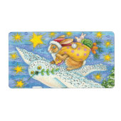 フクロウのサンタ・クロースがウサギを迎える可愛いクリスマス ラベル (正面)