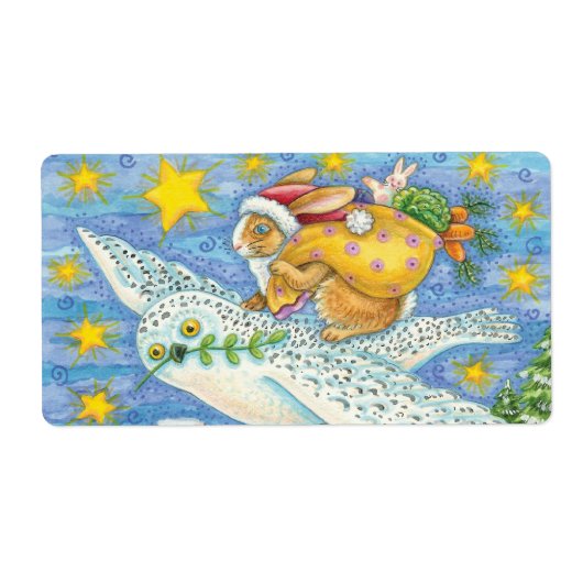 フクロウのサンタ・クロースがウサギを迎える可愛いクリスマス ラベル (正面)