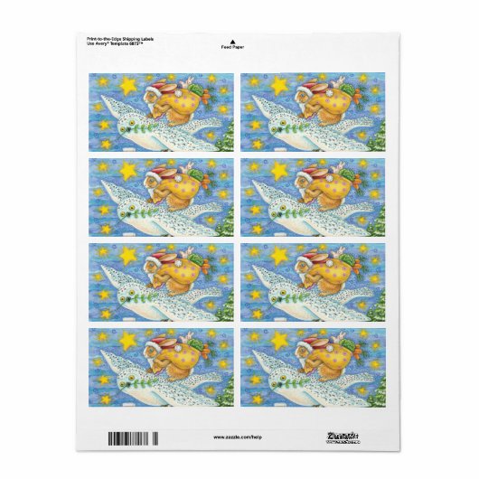 フクロウのサンタ・クロースがウサギを迎える可愛いクリスマス ラベル (フルシート)