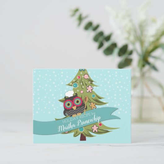 フクロウのシェフのクッキーの料理のベーキングの休日のレシピカード シーズンポストカード (スタンド正面)