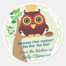 フクロウのシェフのステッカーのキッチンから木製スプーン ラウンドシール