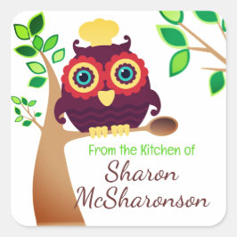フクロウのシェフ木製スプーン料理ベーキング食品ラベル スクエアシール