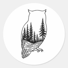 フクロウのシルエットと森林の風景 ラウンドシール