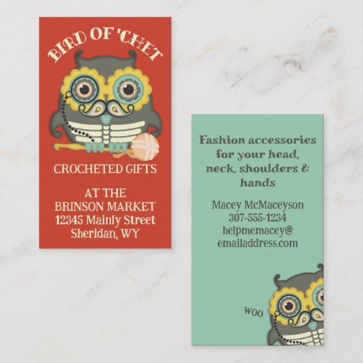 フクロウのスチームパンク骨格の口ひげクロシェ針 名刺 (正面/裏面)