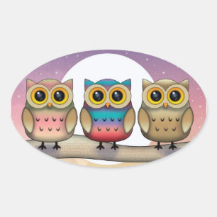 フクロウのステッカー3個セット 楕円形シール