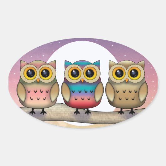 フクロウのステッカー3個セット 楕円形シール (正面)