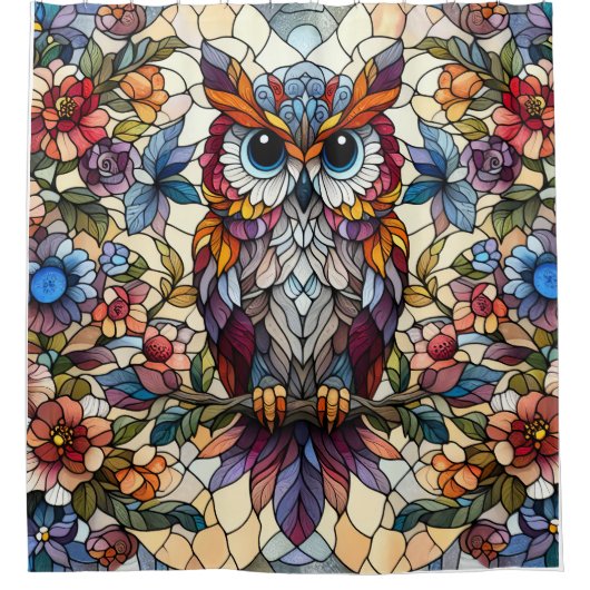 フクロウのステンドグラスインスパイア シャワーカーテン (正面)