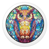 フクロウのステンドグラス セラミックノブ (正面)