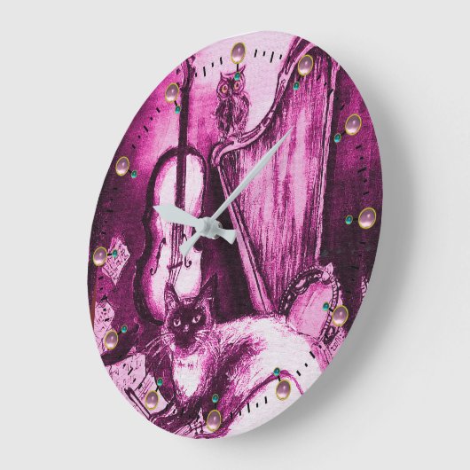 フクロウのバイオリンおよびハープのピンクの紫色のミュージカルCAT ラージ壁時計 (傾斜)