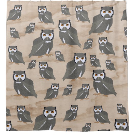 フクロウのパターンと素朴木材 シャワーカーテン (正面)