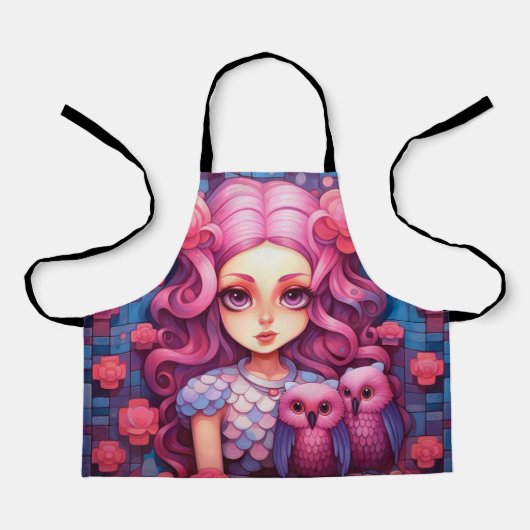 フクロウのピンクの女の子 エプロン (正面)
