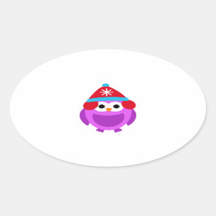 フクロウのフクロウの鳥の紫色の冬の赤い帽子のかわいい漫画 楕円形シール