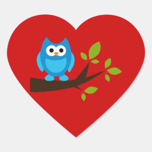 フクロウのフクロウの鳥の鳥の青くかわいい木の漫画動物 ハートシール
