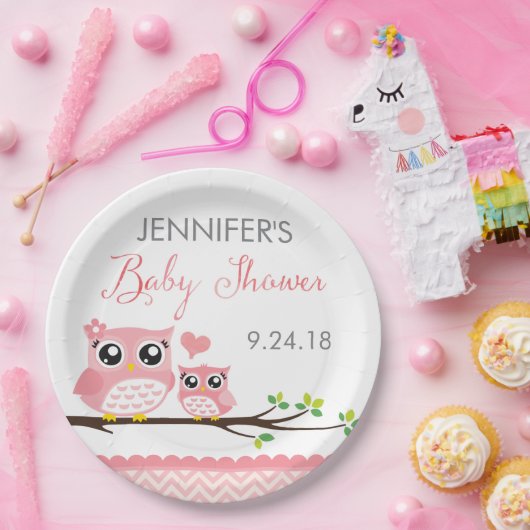 フクロウのベビーシャワーのプレート|ピンクのシェブロンの女の子 ペーパープレート (パーティー)