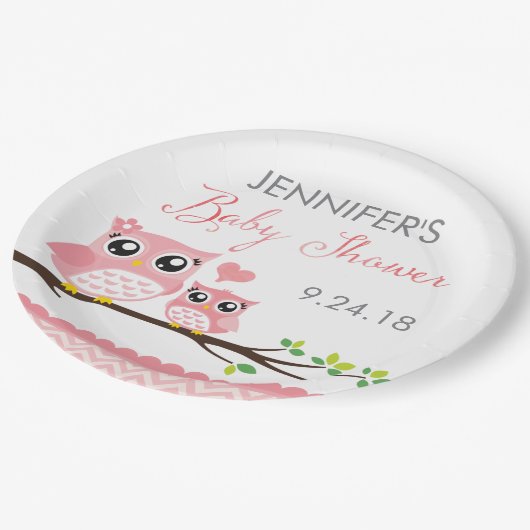 フクロウのベビーシャワーのプレート|ピンクのシェブロンの女の子 ペーパープレート (アングル)