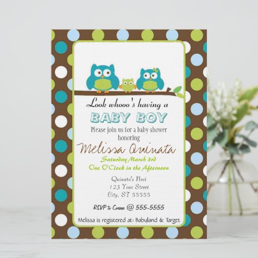 フクロウのベビーシャワーの男の子の招待 招待状 (スタンド正面)
