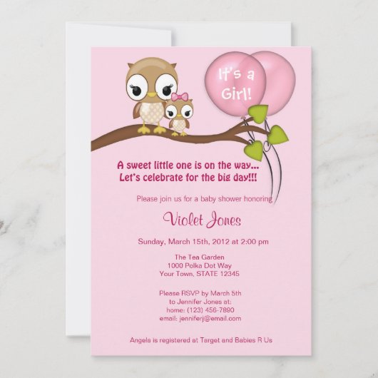 フクロウのベビーシャワー招待状の女の子のお母さんのピンク 招待状 (正面)
