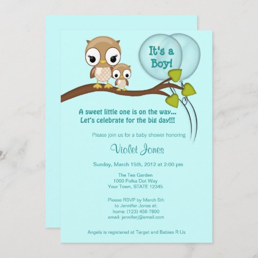 フクロウのベビーシャワー招待状の男の子のお母さんの青 招待状 (正面/裏面)