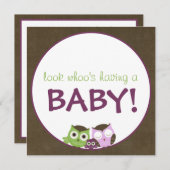 フクロウのベビーシャワー|の女の子>>茶色、緑及び紫色 招待状 (正面/裏面)