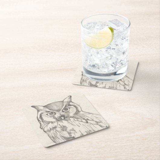 フクロウのポートレート-スケッチ スクエアペーパーコースター (インサイチュ)