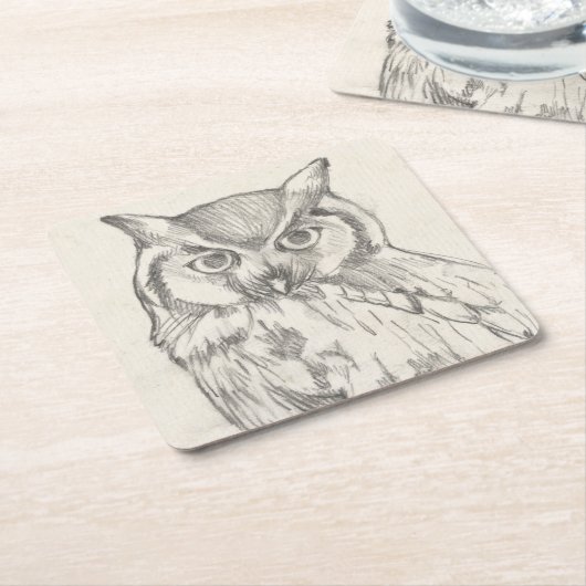 フクロウのポートレート-スケッチ スクエアペーパーコースター (アングル)