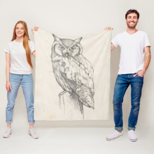 フクロウのポートレート-スケッチ フリースブランケット