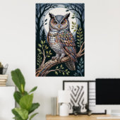 フクロウのモザイク 夜の森 ポスター (ホームオフィス)