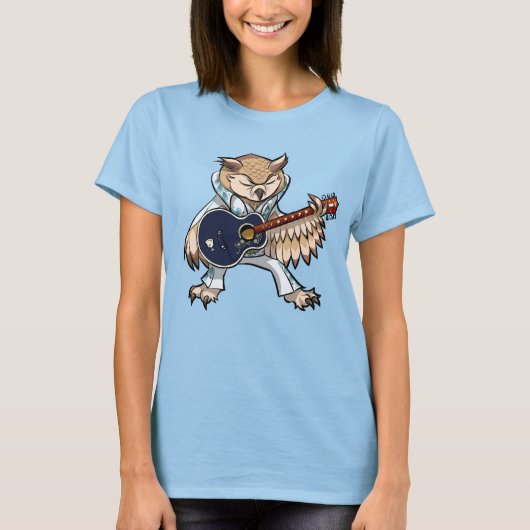 フクロウのロックンロールシンガーとギタリストの漫画 Tシャツ (正面)