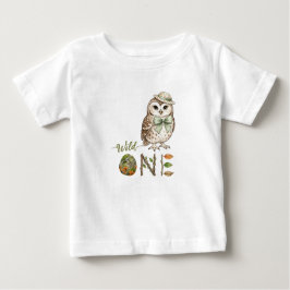 フクロウのワイルドワン ウォーターカラー 1歳の誕生日 ベビーTシャツ