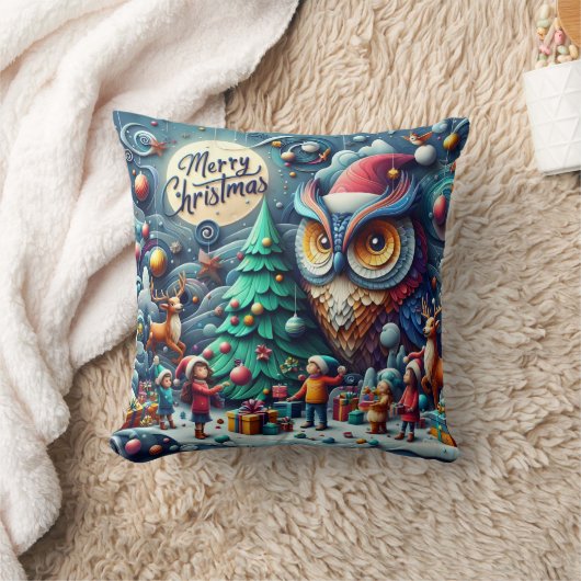 フクロウの下で集まるお洒落クリスマス クッション (ブランケット)