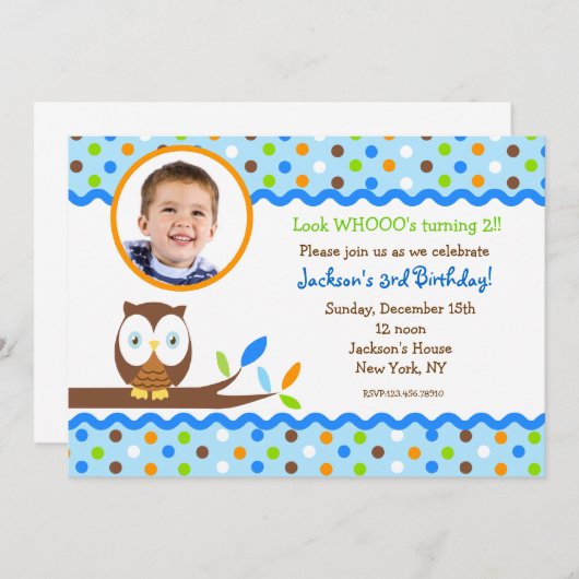 フクロウの写真のバースデーパーティ招待状の男の子 招待状 (正面/裏面)