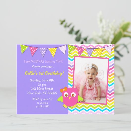 フクロウの写真の誕生日のパーティの招待状 招待状 (スタンド正面)