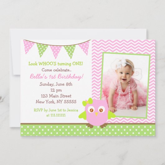 フクロウの写真を使った誕生日パーティーの招待状 招待状 (正面)